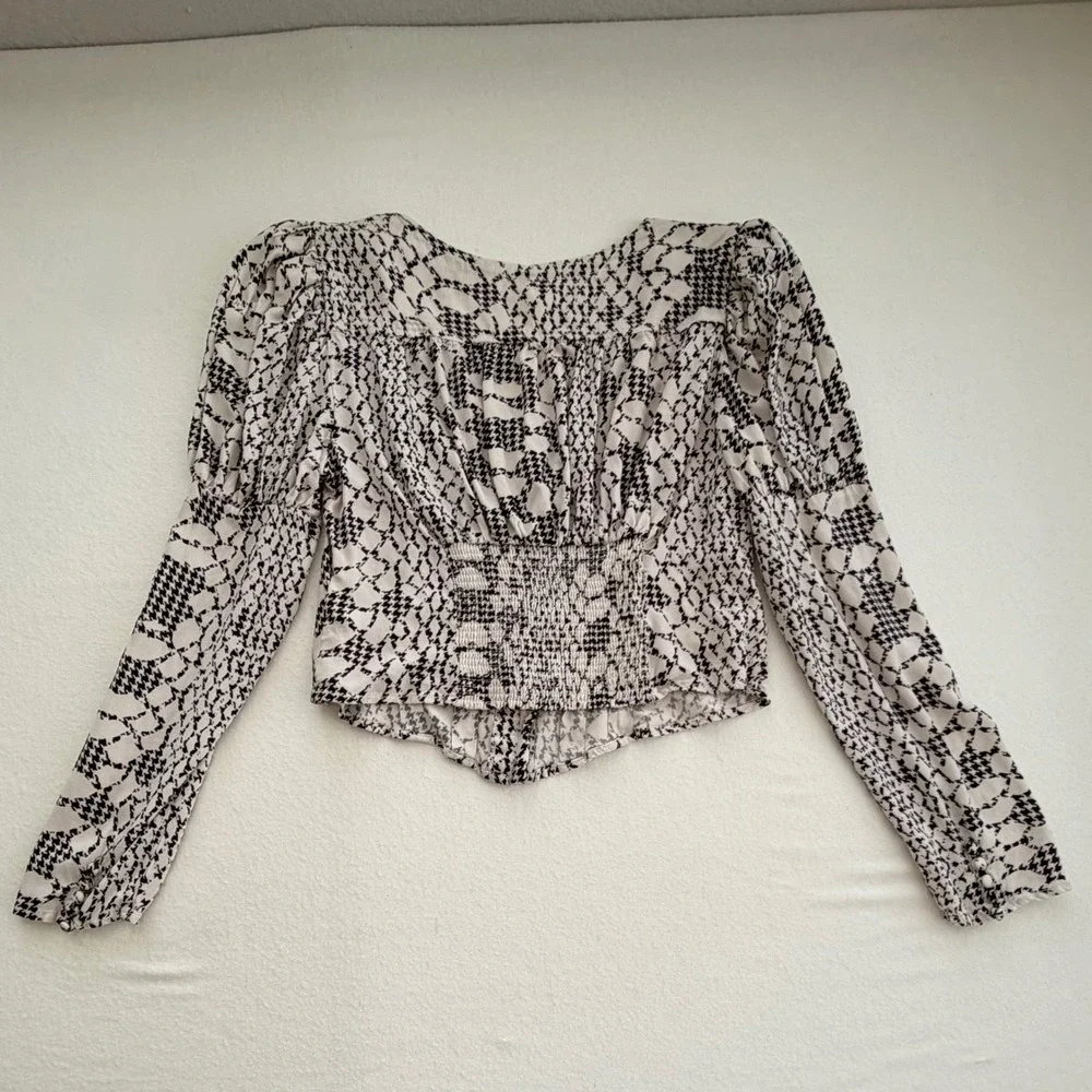 Free People Blouse Houndstooth Snakeskin Puff Long Sleeve Victorian Dark Boho S